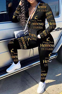 Black Cotton Blend Letter Printing Long Sleeve Stand Neck Zip Front Coat Pencil Pants Sport Sets TK6145-3