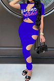 Peacock Blue Wholesale Positioning Print Short Sleeve Hollow Out Crop Top Hole Pencil Skirts Sets SZS8083-1