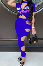 Peacock Blue Wholesale Positioning Print Short Sleeve Hollow Out Crop Top Hole Pencil Skirts Sets SZS8083-1