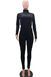 Black Simple Woman Velvet Long Sleeve High Collar Top Bodycon Pants Slim Fitting Sets TK6143-1