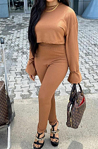 Light Brown Fashion Ribber Horn Sleeve Round Collar Top Pencil Pants Slim Fitting Two-Piece TD80055-3