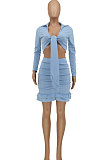 Blue Women Sexy Long Sleeve V Collar Bandage Ruffle Skirts Sets HZF57817