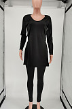 Black Women Solid Color V Collar Split Trendy Pants Sets SMY81117-1