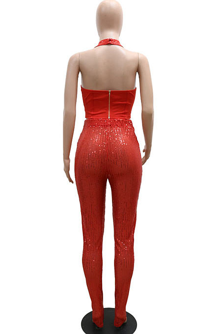 Black Sexy Halter Neck Sleeveless Solid Color Sequins Hollow Out Backless Bodycon Split Pants Sets YF9278-3