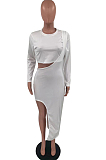 Blue Wholesale Women Long Sleeve Round Collar Crop Top Irregularity Condole Belt Skirts Sets TD80063-1
