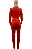 Red Cotton Blend Positioning Print Long Sleeve V Neck Blouse Sweat Pants Casual Sets SZS8169-1
