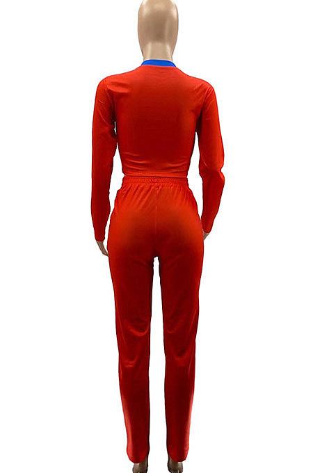 Red Cotton Blend Positioning Print Long Sleeve V Neck Blouse Sweat Pants Casual Sets SZS8169-1