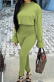 Light Brown Fashion Ribber Horn Sleeve Round Collar Top Pencil Pants Slim Fitting Two-Piece TD80055-3