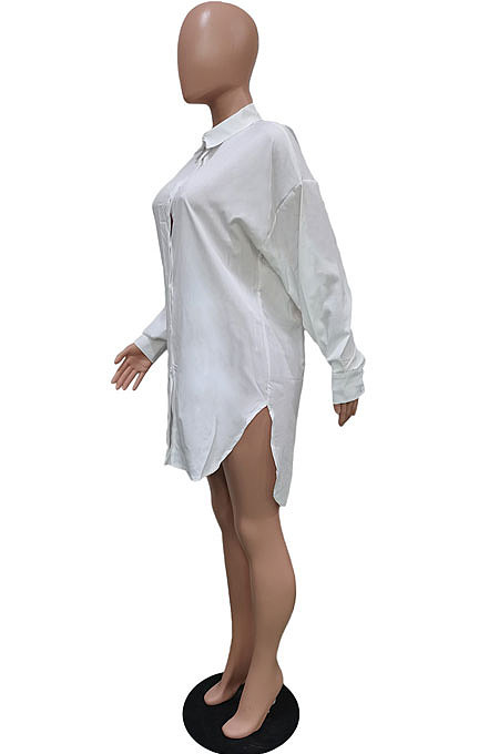 White Modest Pure Color Long Sleeve Lapel Neck Single-Breasted Slit Shirt Dress BBN201-2