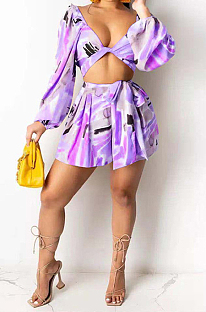 Light Purple Cute Print Lantern Sleeve Strapless Bandage Shorts Two-Piece SZS8081-2