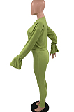 Light Brown Fashion Ribber Horn Sleeve Round Collar Top Pencil Pants Slim Fitting Two-Piece TD80055-3