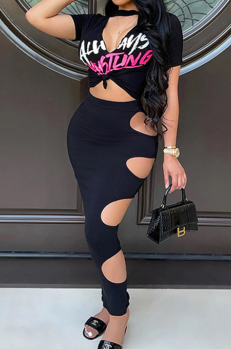 Black Wholesale Positioning Print Short Sleeve Hollow Out Crop Top Hole Pencil Skirts Sets SZS8083-3