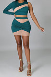Green Women Sexy Spliced Single Sleeve Round Collar Tops Skirts Sets YF9243-1