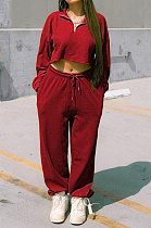 Wine Red Women Fashion Casual Pure Color Long Sleeve Crop Pants Sets AYQ08020-3
