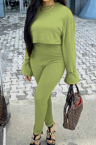 Light Green Fashion Ribber Horn Sleeve Round Collar Top Pencil Pants Slim Fitting Two-Piece TD80055-1