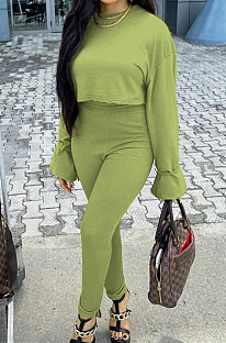 Light Green Fashion Ribber Horn Sleeve Round Collar Top Pencil Pants Slim Fitting Two-Piece TD80055-1