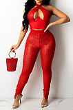 Red Sexy Halter Neck Sleeveless Solid Color Sequins Hollow Out Backless Bodycon Split Pants Sets YF9278-1