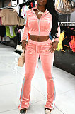 Pink Casual Side Strip Spliced Velvet Long Sleeve Zip Coat Flare Pants Slim Fitting Sets ARM8305-3