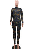 Grey Cotton Blend Letter Printing Long Sleeve Stand Neck Zip Front Coat Pencil Pants Sport Sets TK6145-1