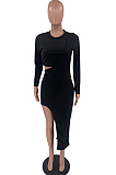 Blue Wholesale Women Long Sleeve Round Collar Crop Top Irregularity Condole Belt Skirts Sets TD80063-1
