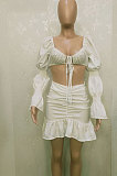 White Cute Sexy Puff Sleeve Bandage Strapless High Waist Ruffle Mini Skrts Sets BN9298