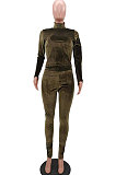 Black Simple Woman Velvet Long Sleeve High Collar Top Bodycon Pants Slim Fitting Sets TK6143-1