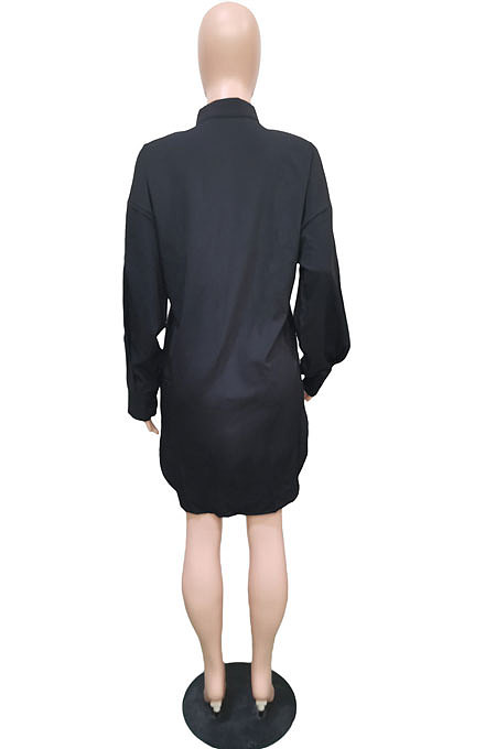 Black Modest Pure Color Long Sleeve Lapel Neck Single-Breasted Slit Shirt Dress BBN201-1