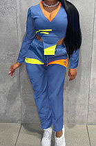 Blue Cotton Blend Positioning Print Long Sleeve V Neck Blouse Sweat Pants Casual Sets SZS8169-3