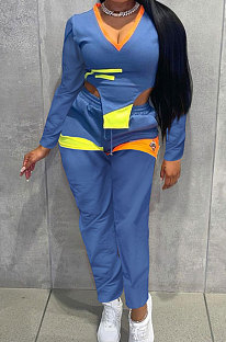 Blue Cotton Blend Positioning Print Long Sleeve V Neck Blouse Sweat Pants Casual Sets SZS8169-3