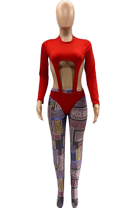 Black Personality Digital Letter Print Long Sleeve Backless Hollow Out Top Bodycon Pants Sexy Sets SZS8161-1