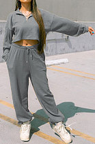 Gray Women Fashion Casual Pure Color Long Sleeve Crop Pants Sets AYQ08020-4