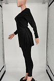 Black Women Solid Color V Collar Split Trendy Pants Sets SMY81117-1