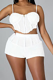 White Women Sleeveless Strapless Tank Pure Color Sport Sexy Condole Belt Shorts Sets YF9248-1