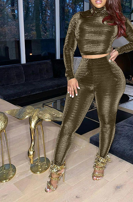 Gold Yellow Simple Woman Velvet Long Sleeve High Collar Top Bodycon Pants Slim Fitting Sets TK6143-2