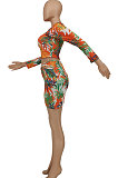 Orange Sexy Women Long Sleeve Round Collar Crop Printing Irregular Skirts Sets HZF57818