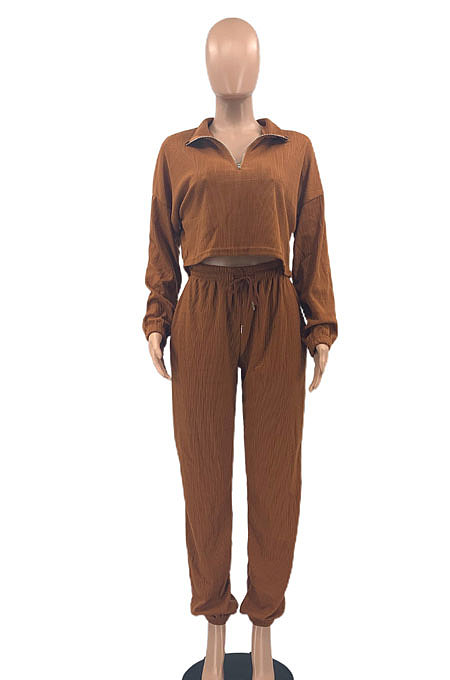 Black Women Fashion Casual Pure Color Long Sleeve Crop Pants Sets AYQ08020-2