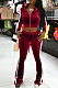 Wine Red Casual Side Strip Spliced Velvet Long Sleeve Zip Coat Flare Pants Slim Fitting Sets ARM8305-1