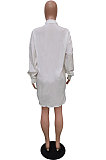 White Modest Pure Color Long Sleeve Lapel Neck Single-Breasted Slit Shirt Dress BBN201-2