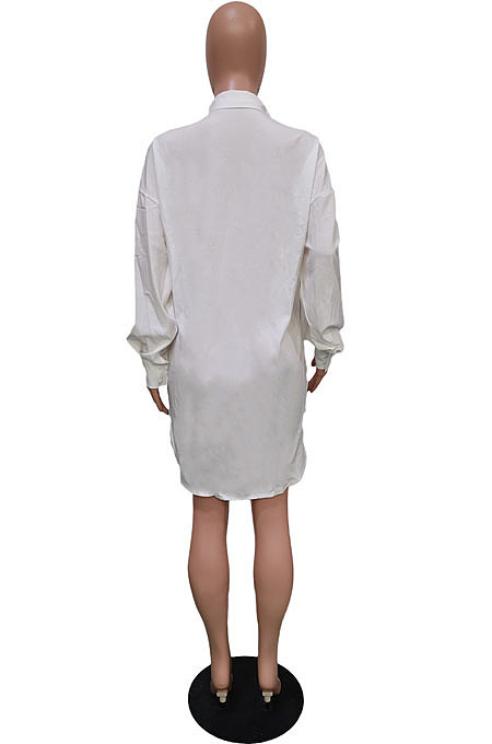 White Modest Pure Color Long Sleeve Lapel Neck Single-Breasted Slit Shirt Dress BBN201-2