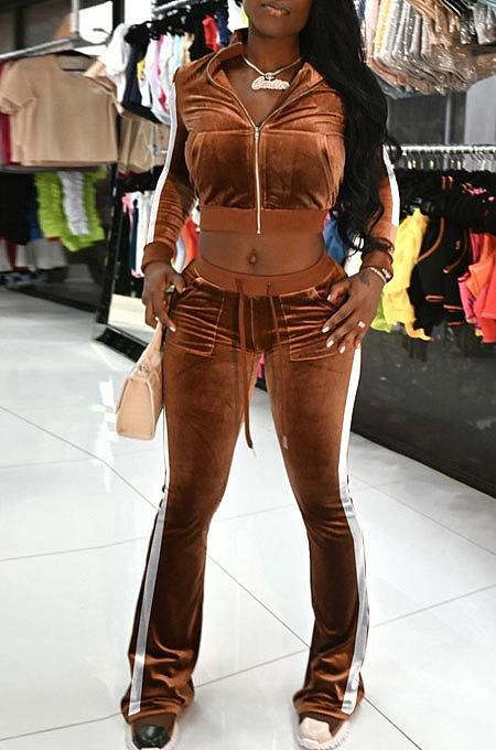 Coffee Casual Side Strip Spliced Velvet Long Sleeve Zip Coat Flare Pants Slim Fitting Sets ARM8305-7
