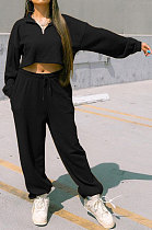 Black Women Fashion Casual Pure Color Long Sleeve Crop Pants Sets AYQ08020-2
