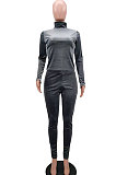 Gray Simple Woman Velvet Long Sleeve High Collar Top Bodycon Pants Slim Fitting Sets TK6143-3