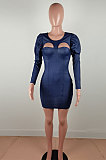 Drak Blue Autumn Winter New Lantern Sleeve Round Neck Hollow Out Zip Back Jean Wrap Dress BN9299