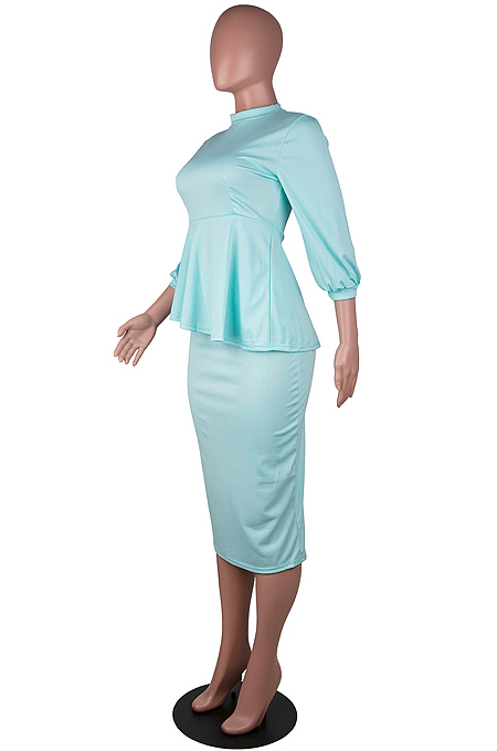 Orange Fashion Three Quarter Sleeve High Neck Blouse Midi Skirts Solid Color Sets SZS8156-1