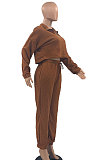 Wine Red Women Fashion Casual Pure Color Long Sleeve Crop Pants Sets AYQ08020-3