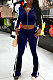 Dark Blue Casual Side Strip Spliced Velvet Long Sleeve Zip Coat Flare Pants Slim Fitting Sets ARM8305-5