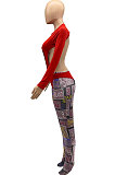 Red Personality Digital Letter Print Long Sleeve Backless Hollow Out Top Bodycon Pants Sexy Sets SZS8161-2