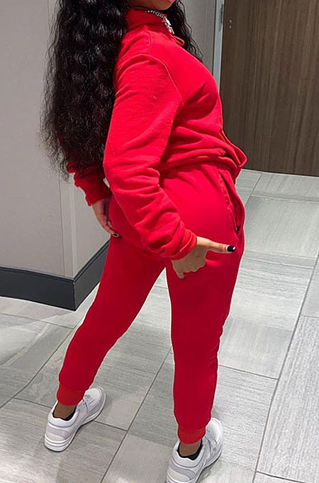 Red Women Long Sleeve Pure Color Printing Casual Pants Sets SMY81115-1