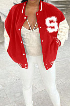 Red Autumn Winter Women Euramerican Fashion Cardigan Printing Ribber Coat SMY81116-1