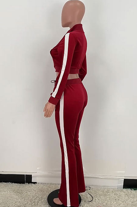Coffee Casual Side Strip Spliced Velvet Long Sleeve Zip Coat Flare Pants Slim Fitting Sets ARM8305-7